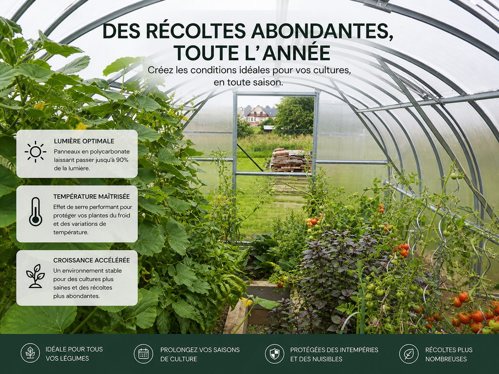 Cultures de légumes et tomates dans une serre de jardin en polycarbonate