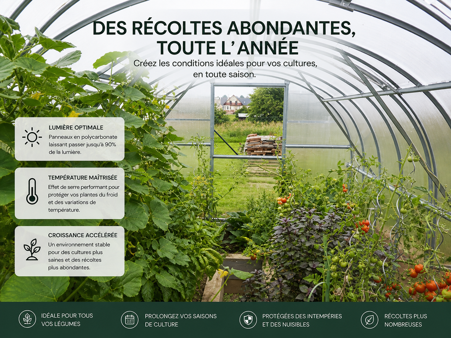 Cultures de légumes et tomates dans une serre de jardin en polycarbonate
