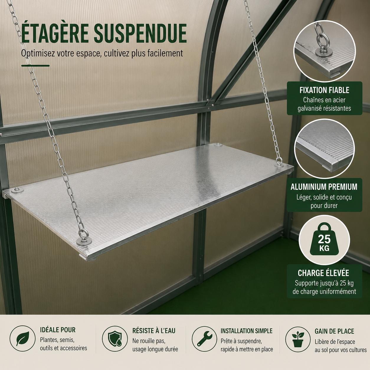 Étagère suspendue en aluminium pour serre de jardin supportant jusqu’à 25 kg
