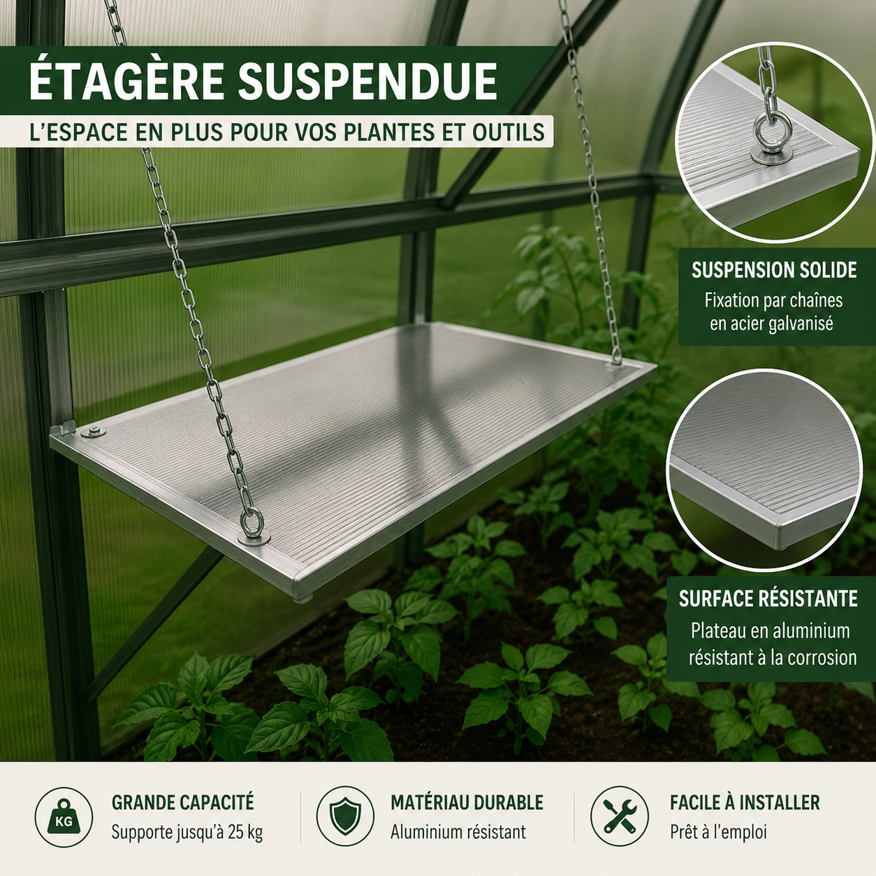 Étagère suspendue en aluminium pour serre de jardin avec fixation par chaînes