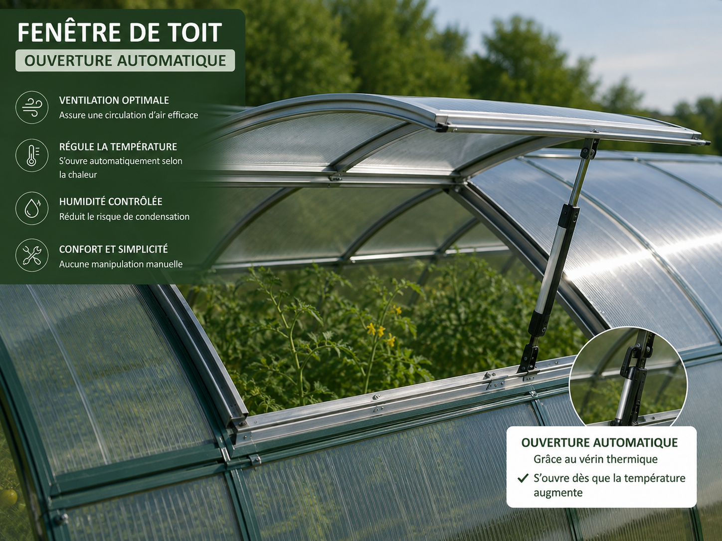 Fenêtre de toit automatique pour serre de jardin avec vérin thermique