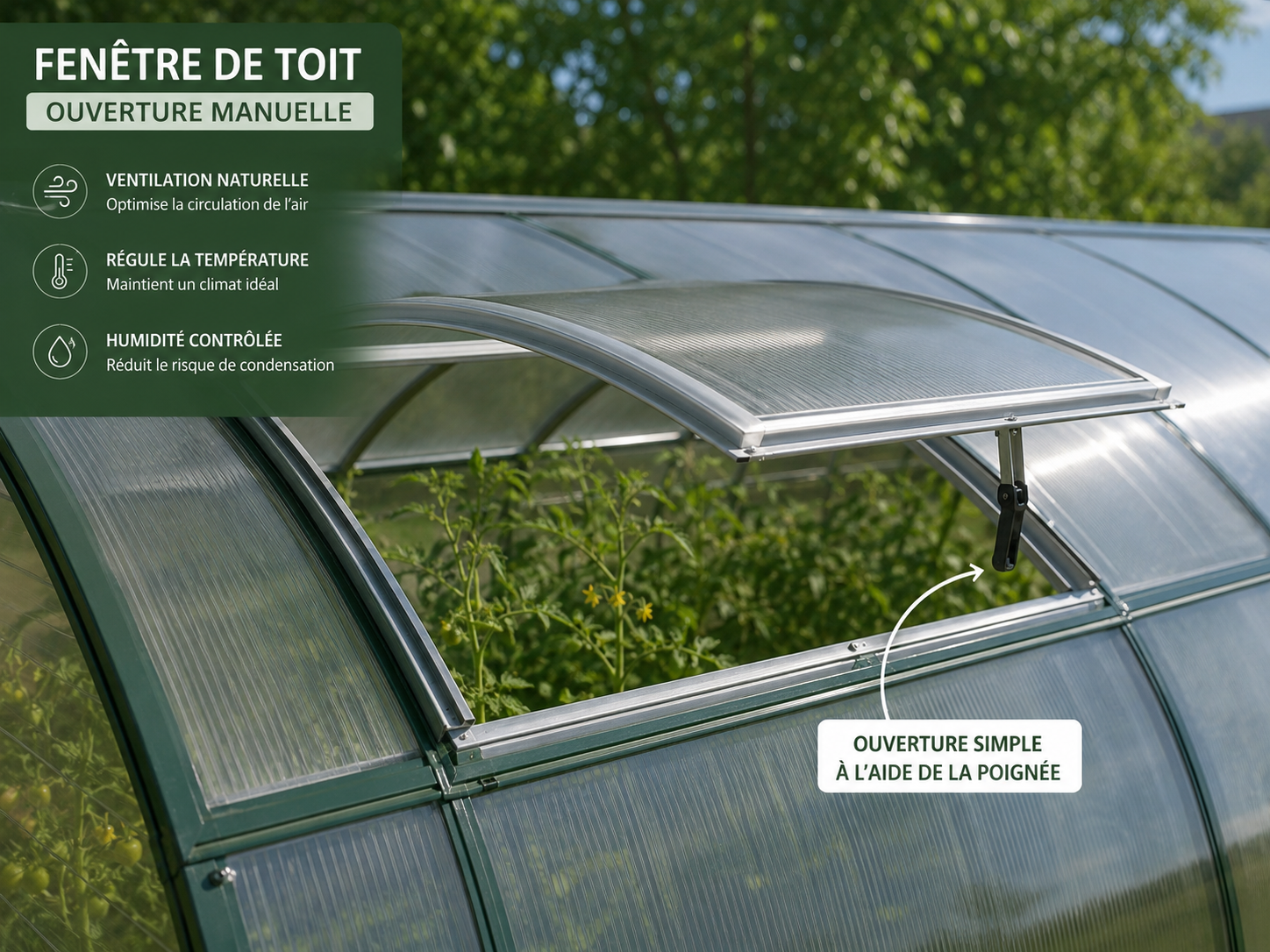 Fenêtre de toit manuelle pour serre de jardin avec ouverture par poignée