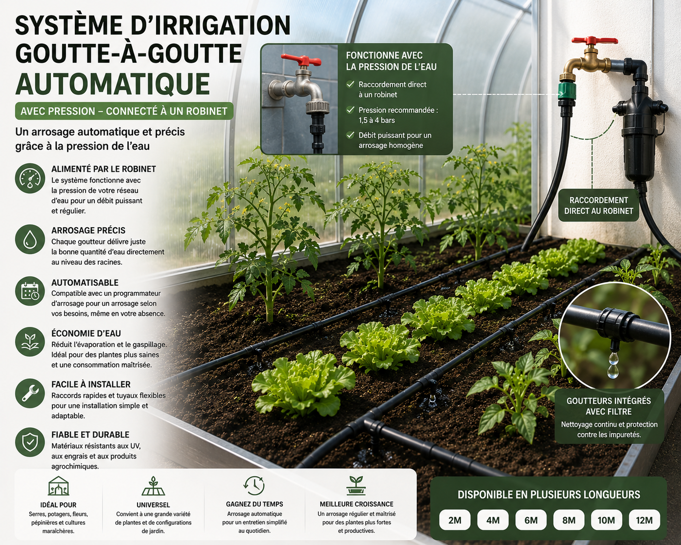 Système d’irrigation goutte-à-goutte automatique installé dans une serre de jardin