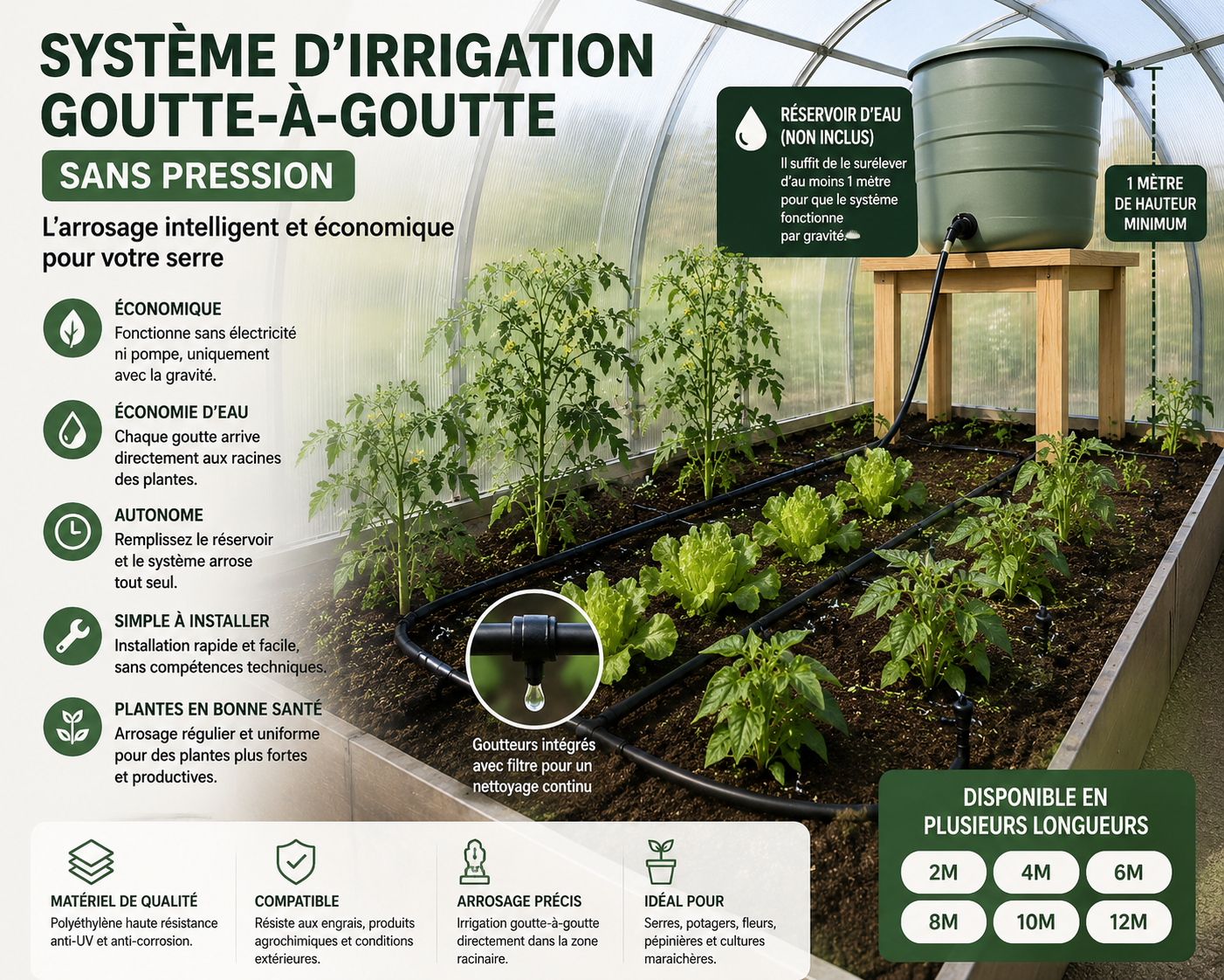 Système d’irrigation goutte-à-goutte sans pression avec réservoir d’eau dans une serre