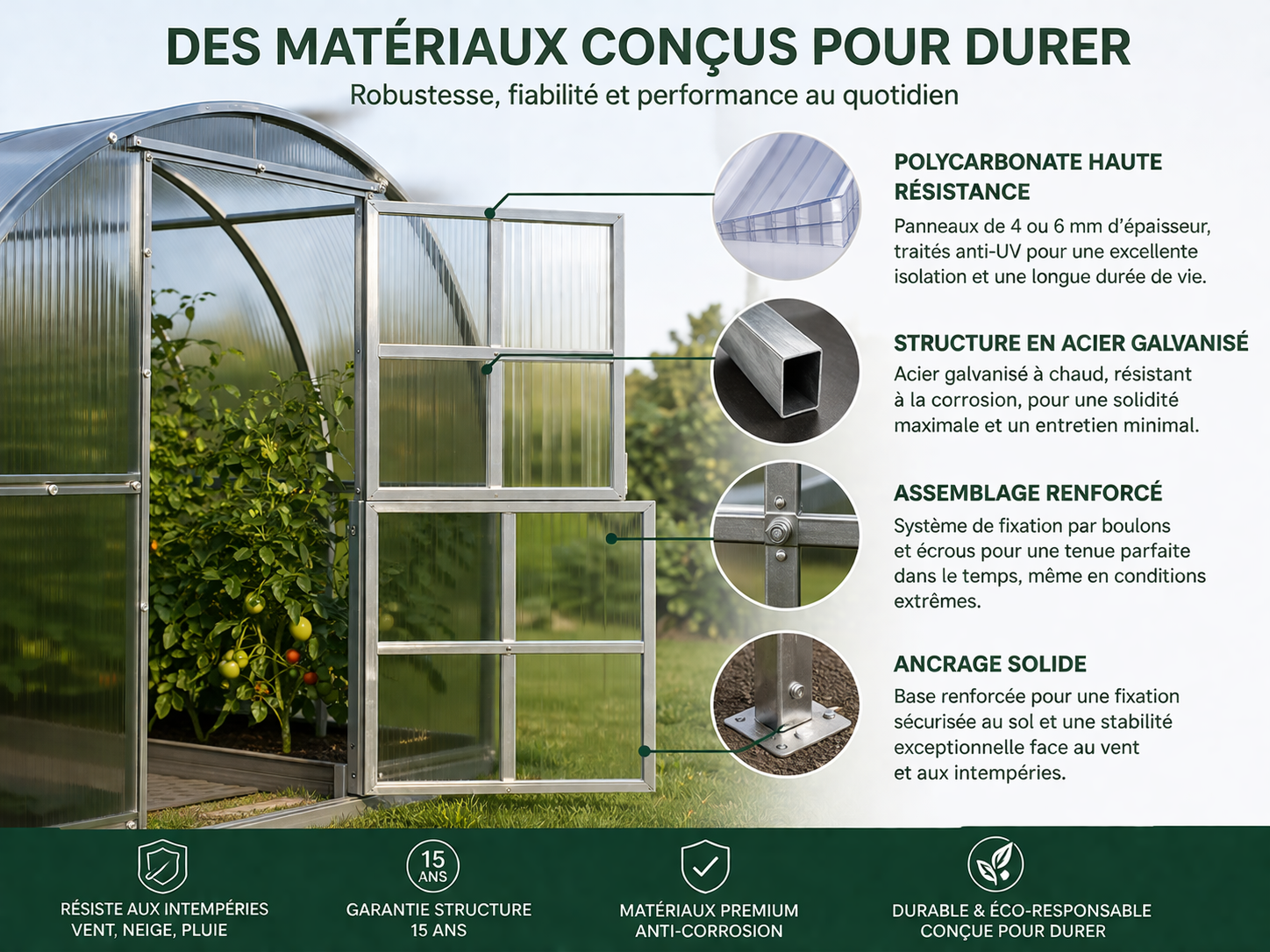 Matériaux d’une serre de jardin avec panneaux en polycarbonate et structure en acier galvanisé