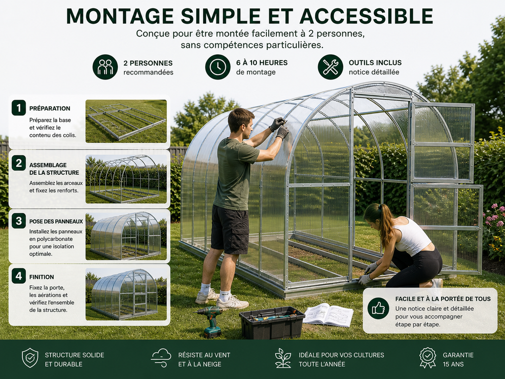 Montage d’une serre de jardin en polycarbonate par deux personnes