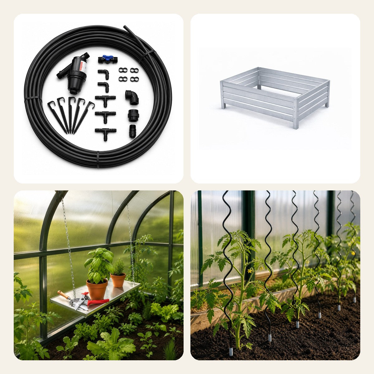 Pack Culture Optimisée : goutte-à-goutte, carrés potagers, étagère et supports pour serre