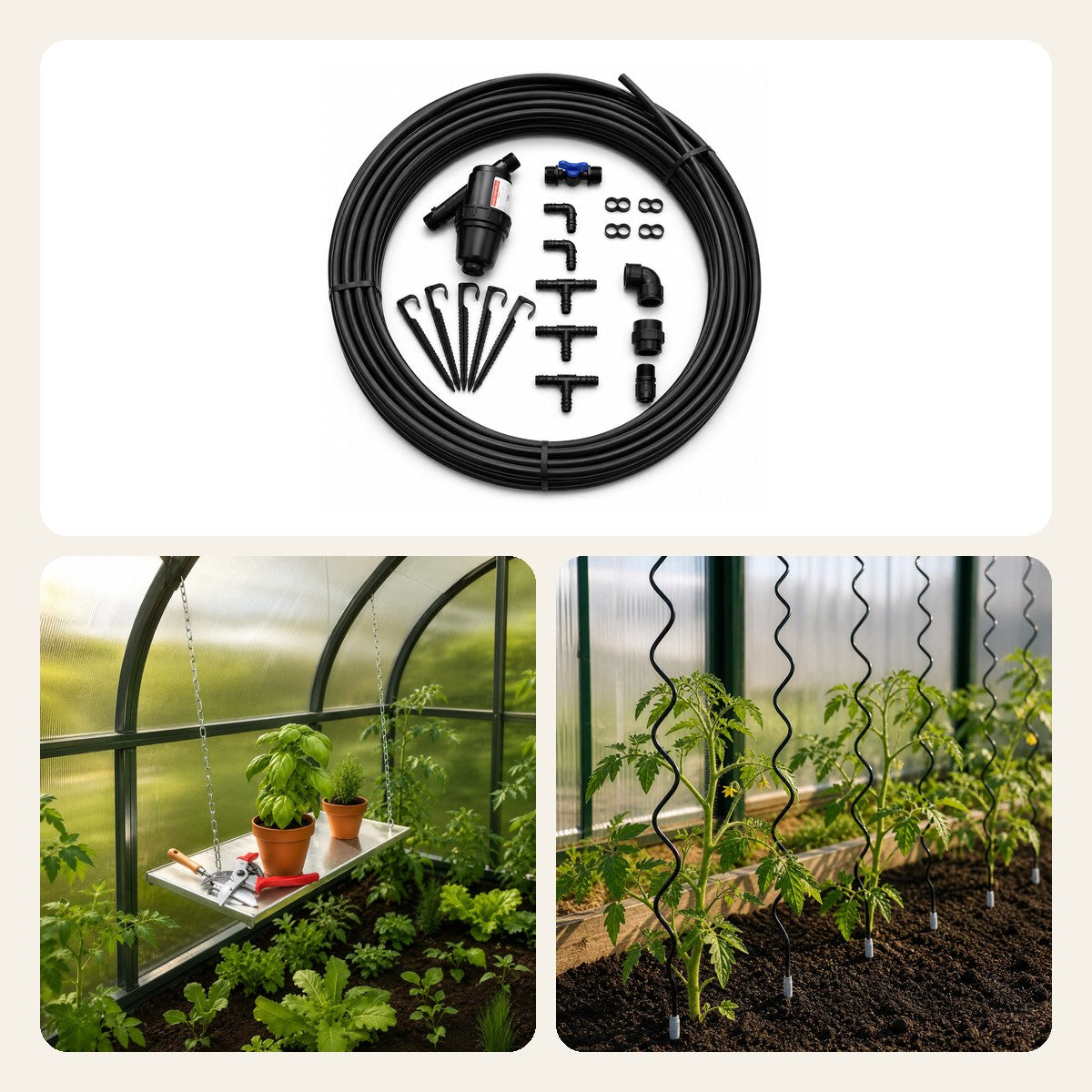 Pack Démarrage Essentiel : goutte-à-goutte, étagère et supports verticaux pour serre