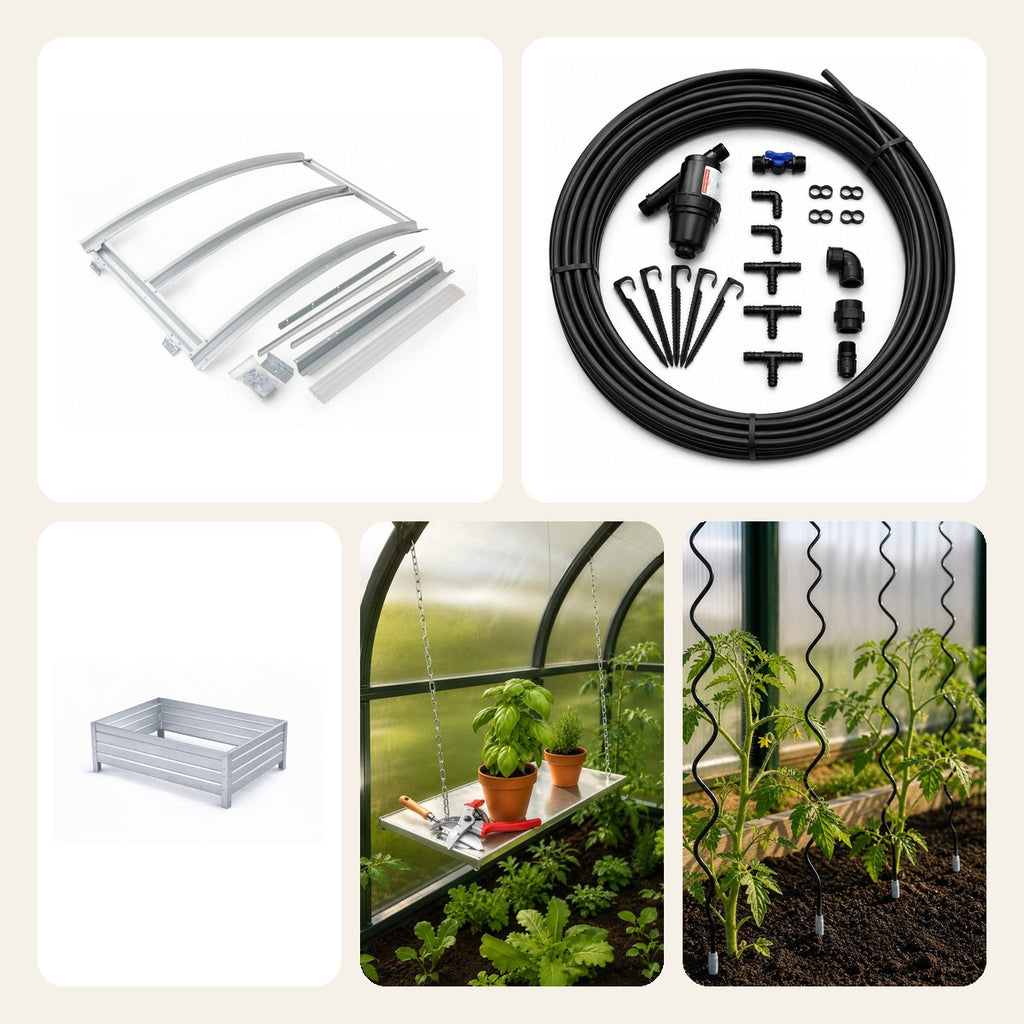 Pack Sérénité Totale : fenêtre automatique, goutte-à-goutte, carré potager, étagère et supports