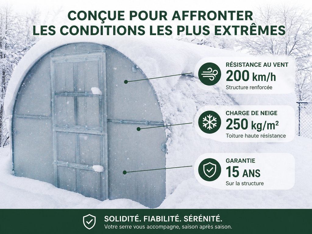 Serre de jardin résistante à la neige et aux vents forts en conditions hivernales