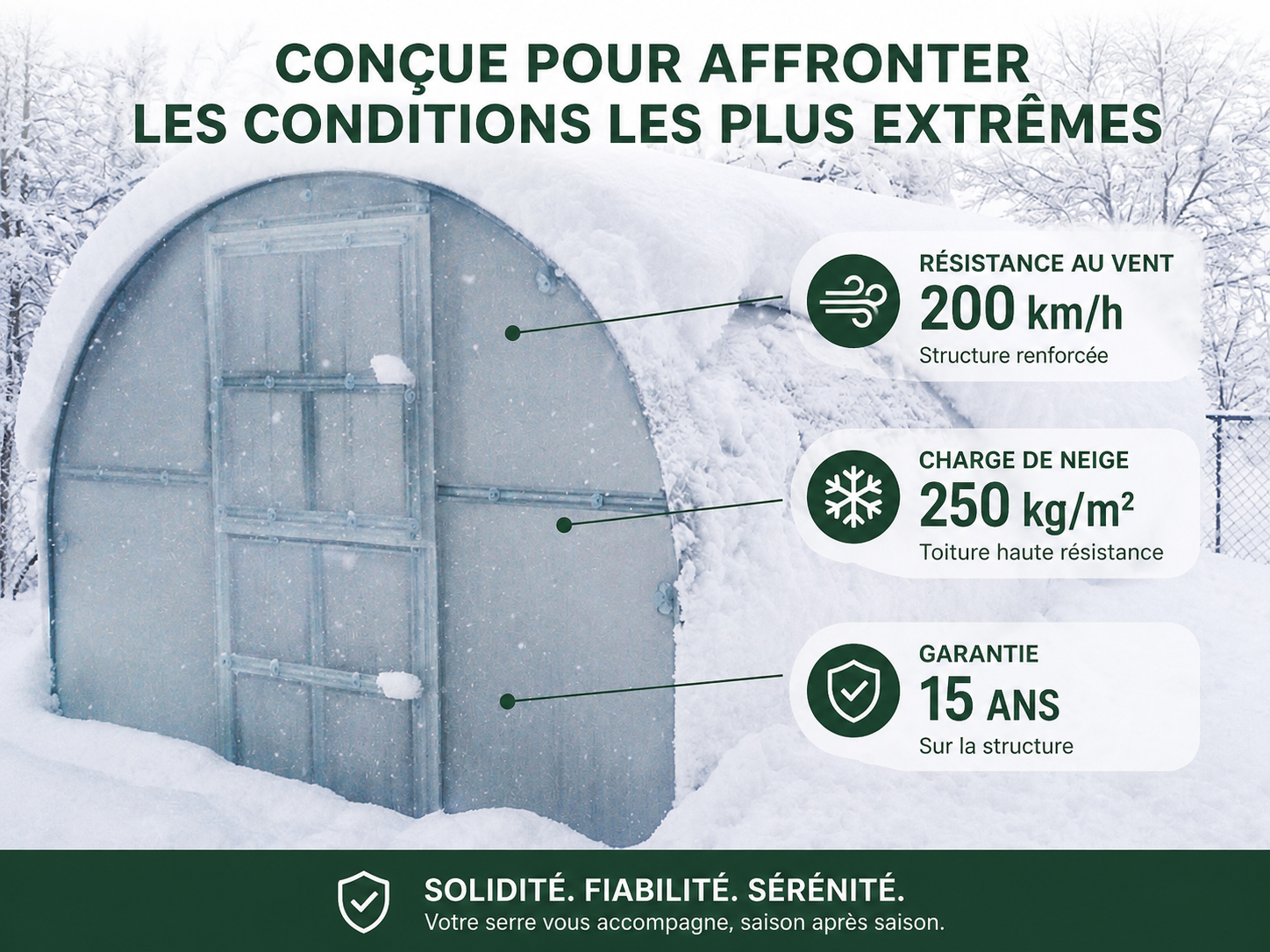 Serre de jardin résistante à la neige et aux vents forts en conditions hivernales