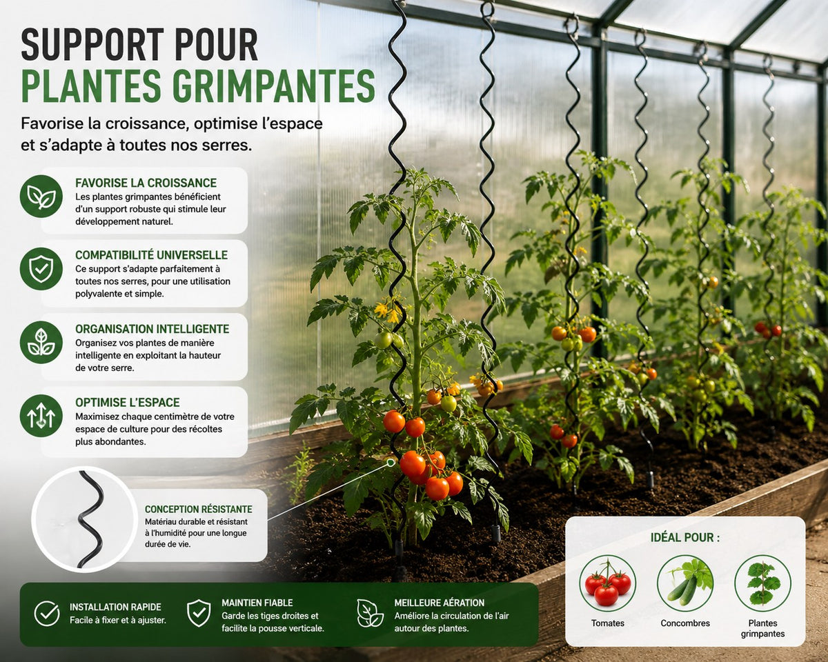 Support pour plantes grimpantes avec tuteurs spirales dans une serre de jardin