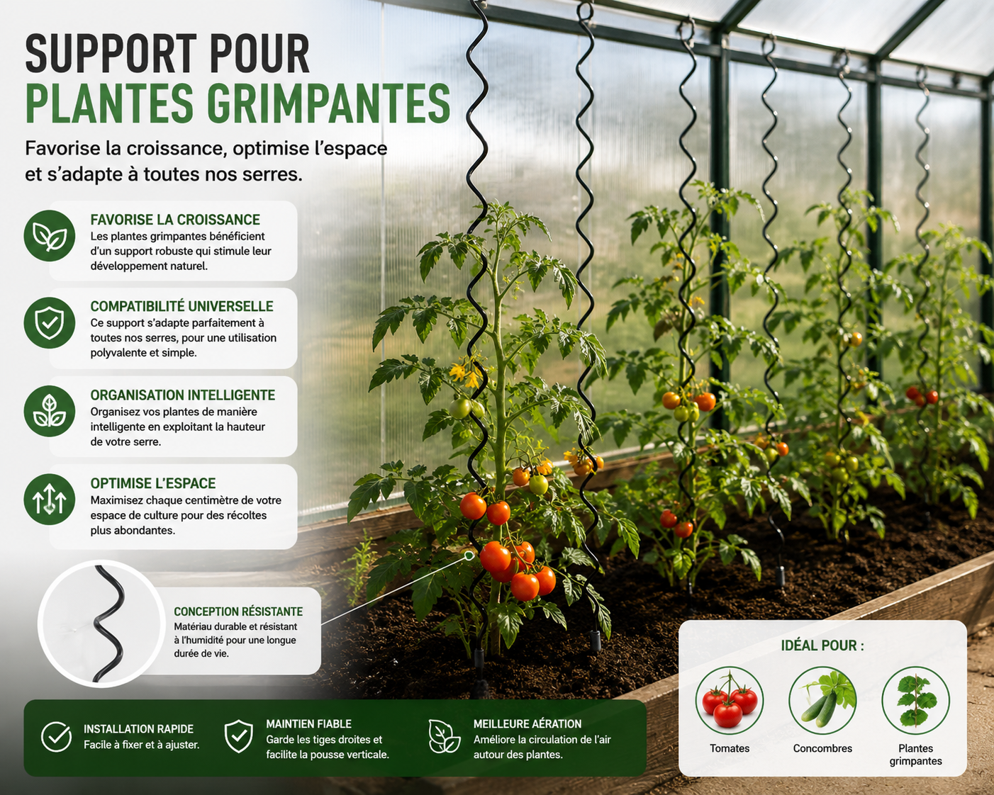 Support pour plantes grimpantes avec tuteurs spirales dans une serre de jardin