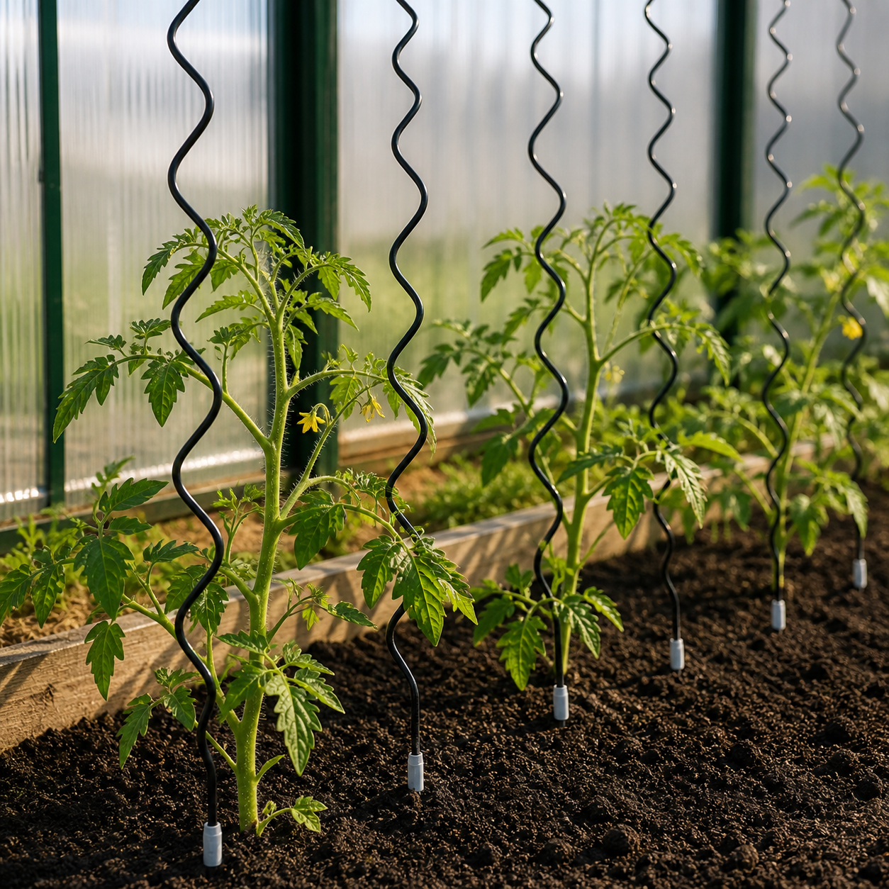 Tuteurs spirales pour plants de tomates dans une serre de jardin